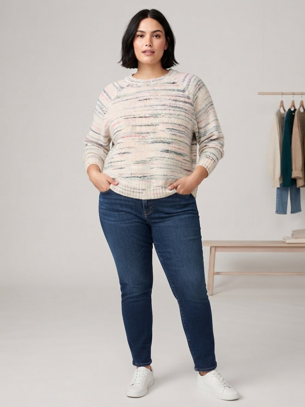 Old Navy Cream Multi-Stripe Crewneck Sweater